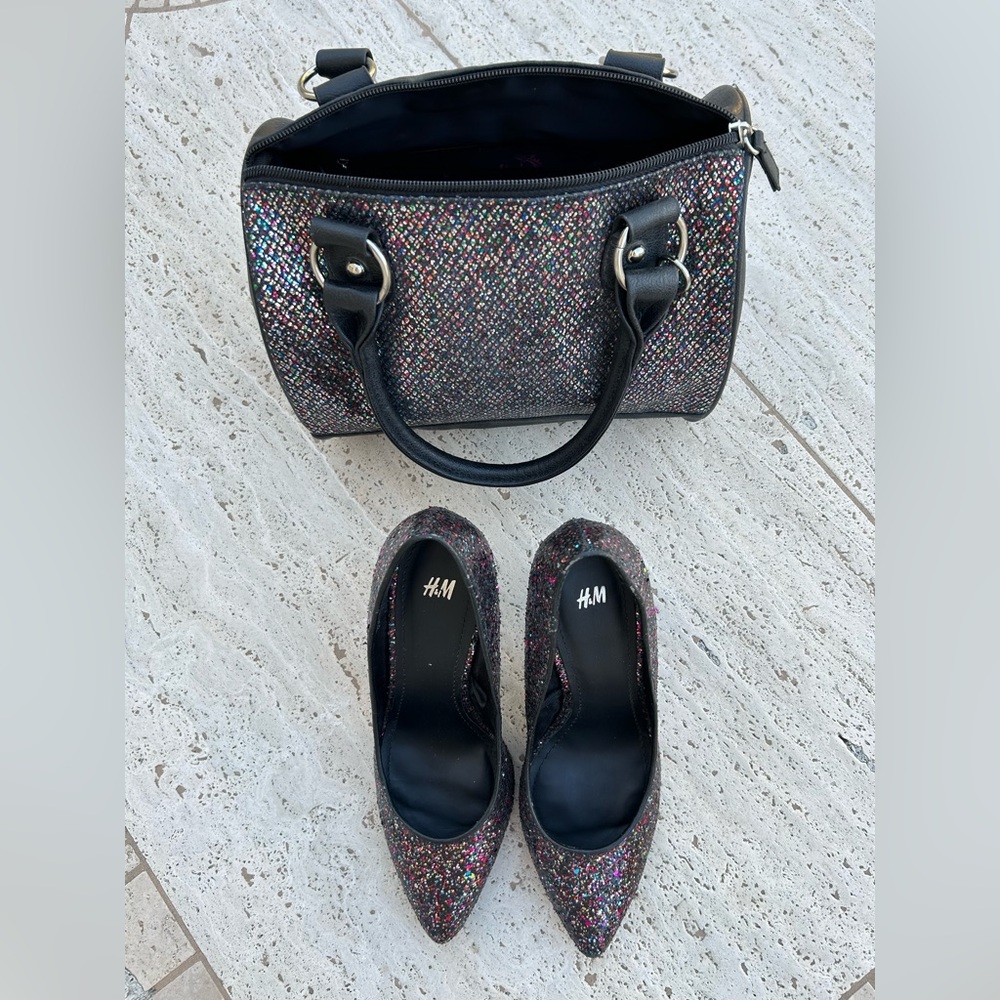 BLACK GLITTER HEELS PUMPS Black Multicolored Sparkly Glitter - Picture 9 of 12